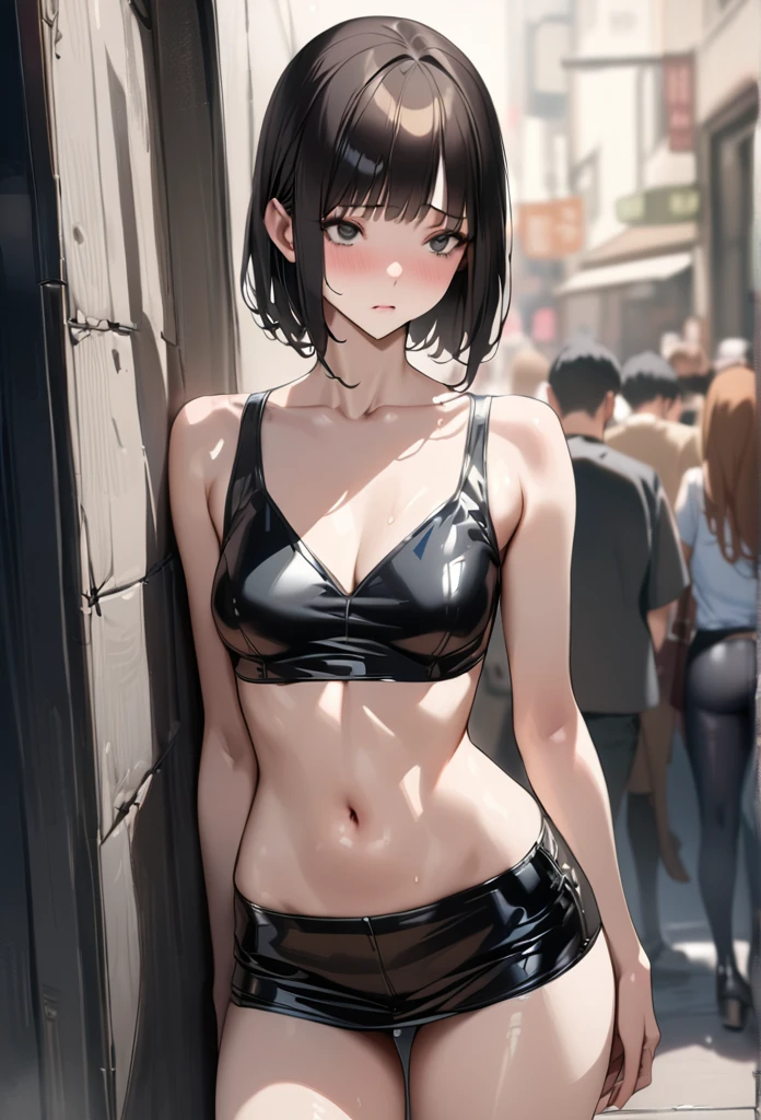 ((masterpiece,best quality anime,Highest quality:1.3)),realistic,upper body,1woman,(30 year old beauty),((very small head:1.4)),((very long body:1.4)),(short bob hair),black hair,(gorgeous big eyes),black eyes,shy,((slender body:1.4,skinny:1.3)),medium breasts(Punk Fashion、navel、Black tank top,Black leather mini skirt),oily skin,gleaming skin,shiny skin,standing,on street,New York City、nsfw,