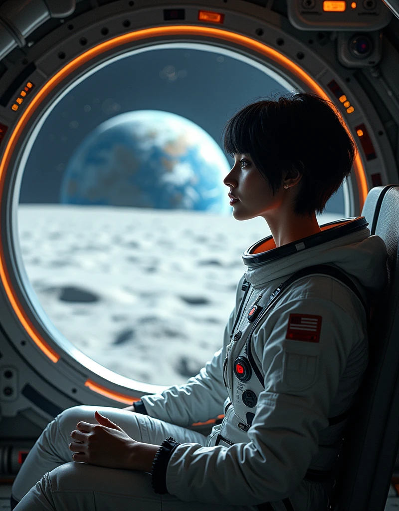 A photorealistic scene inside a lunar lander, showing a beautiful woman with short black hair seated comfortably. She is gazing out of the window, which provides a view of both the Earth floating in space and the lunar surface below. The woman is wearing a modern, stylish spacesuit that highlights her figure. The interior of the lunar lander is detailed with instruments, controls, and soft lighting that illuminates the scene, creating a serene and awe-inspiring atmosphere. The angle should include both the lunar surface and the Earth in the background.