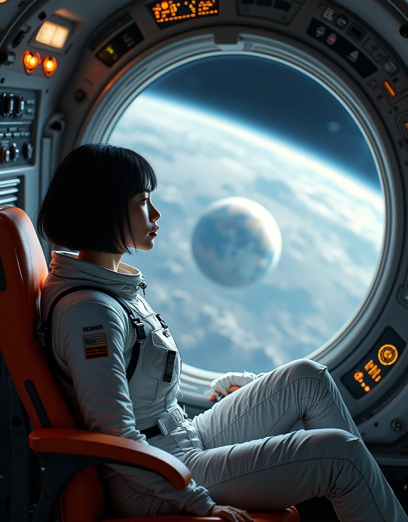 A photorealistic scene inside a lunar lander, showing a beautiful woman with short black hair seated comfortably. She is gazing out of the window, which provides a view of both the Earth floating in space and the lunar surface below. The woman is wearing a modern, stylish spacesuit that highlights her figure. The interior of the lunar lander is detailed with instruments, controls, and soft lighting that illuminates the scene, creating a serene and awe-inspiring atmosphere. The angle should include both the lunar surface and the Earth in the background.