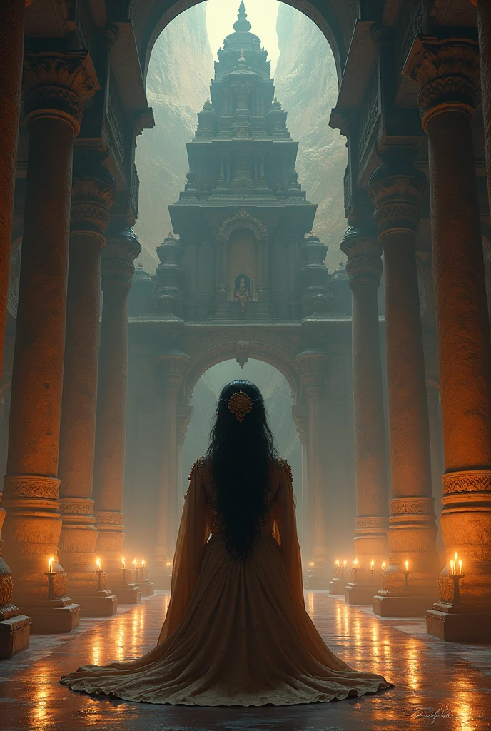 Make a portrait of mysterious Indian queen praying in shiv temple