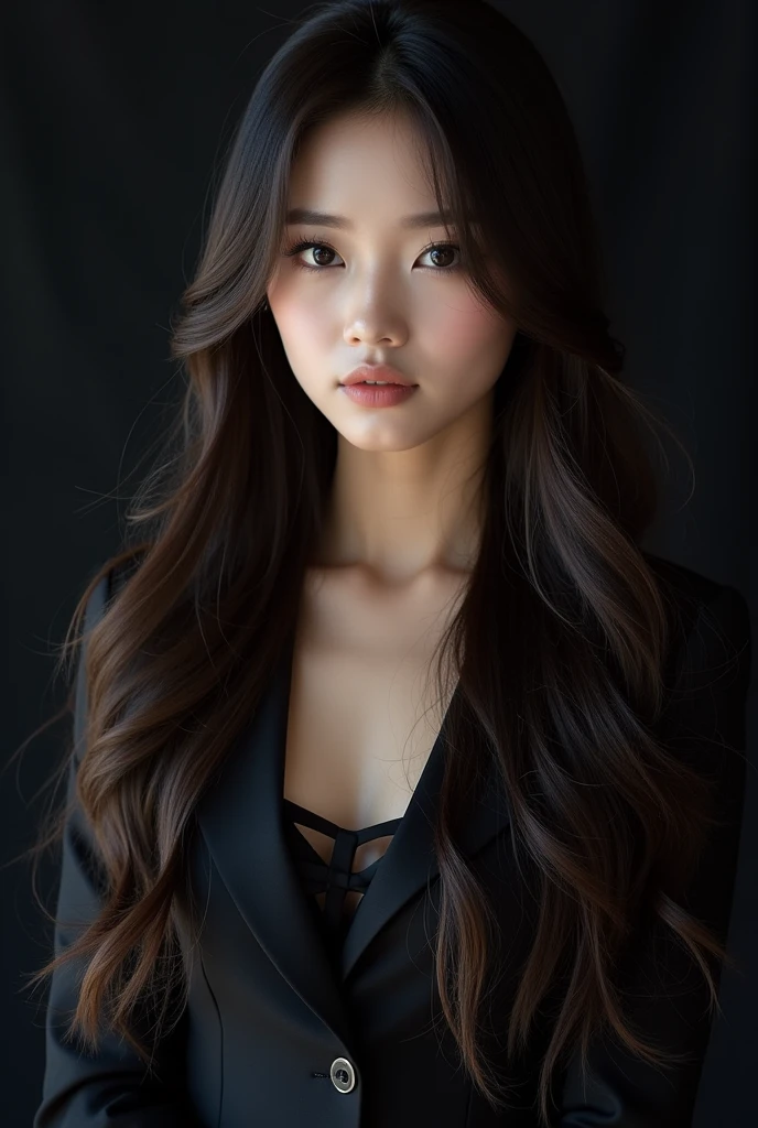 Photoshoot debut girlgrup. Rank 1 trainee. Lead Dancer, main vocalist, center, maknae. Korean. Long hair. Her face like Arin oh my girl. Concept black.