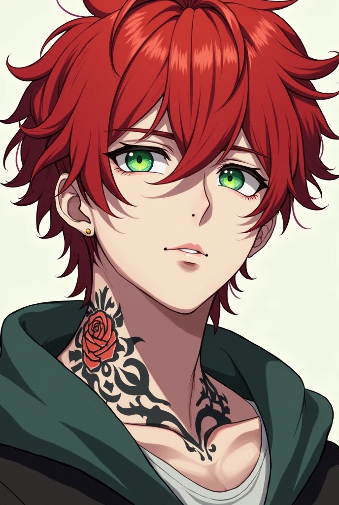 Red-haired, green-eyed boy with a mole under his left eye, white skin with a tattoo of a rose on his neck quite masculine anime