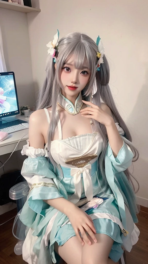a close up of a woman sitting on a chair with a flower in her hair, computer graphics by Lü Ji, trending on cg society, rococo, anime barbie doll, anime thai girl, popular korean makeup