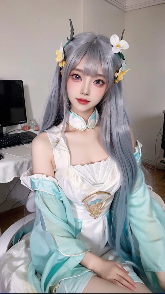 a close up of a woman sitting on a chair with a flower in her hair, computer graphics by Lü Ji, trending on cg society, rococo, anime barbie doll, anime thai girl, popular korean makeup