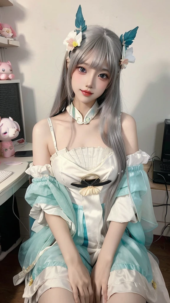 a close up of a woman sitting on a chair with a flower in her hair, computer graphics by Lü Ji, trending on cg society, rococo, anime barbie doll, anime thai girl, popular korean makeup