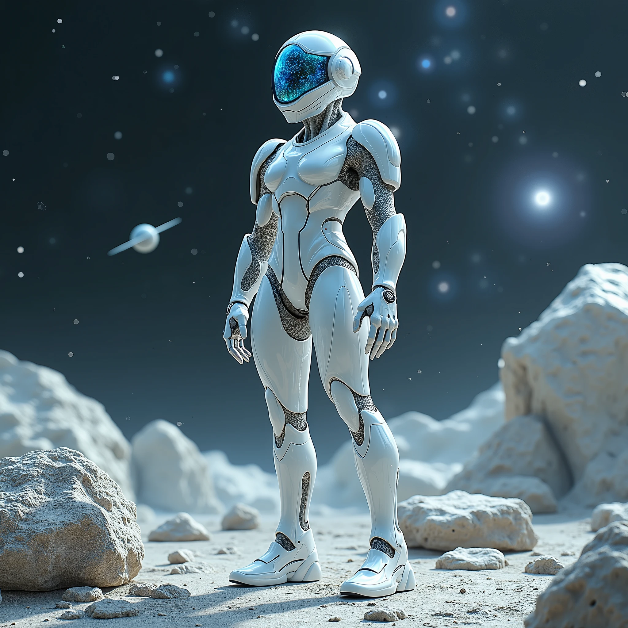 A humanoid wearing a weird alien a high-tech liquid ice white war armor with organic equipment on the armor. Wearing an alien helmet from transparent glass and you can see galaxies and nebulas inside the transparent helmet. The humanoid stands on the surface of an asteroid and you can see the total black deep space full of millions of stars, distant planets and nebulas. Floating geometrical 3D shapes levitating above asteroid ground in close proximity from the ground. Realistic, hyperrealism, high resolution, extreme quality, volumetric lighting, extreme details, sharp details, 4k hdr
