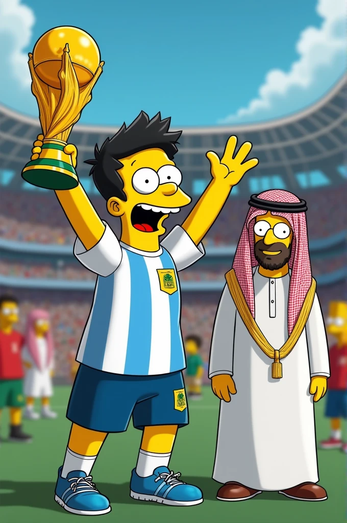 Take a picture of The Simpsons' Messi celebrating with the World Cup and an Arab sheikh behind him