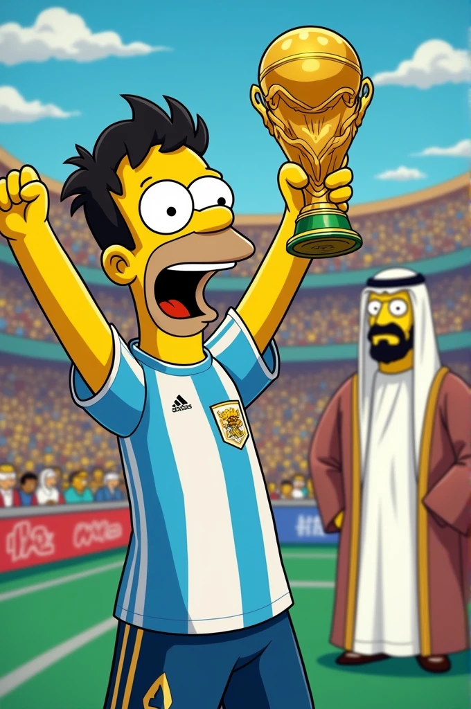 Take a picture of The Simpsons' Messi celebrating with the World Cup and an Arab sheikh behind him