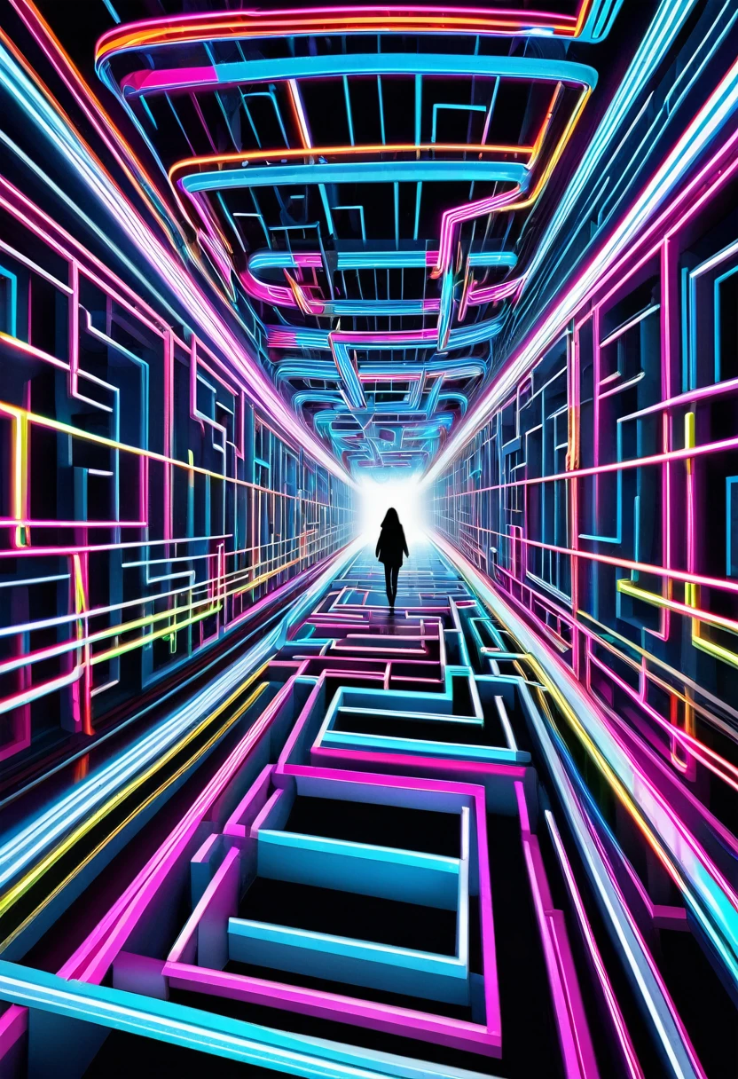 neon line lights lead you through a maze-like pattern, (ultra detailed, absolutely resolution, best quality:1.3), 2.5D, delicate and dynamic effects, artistic photography, hyper realistic, graphic CG digital art, conceptual installation art