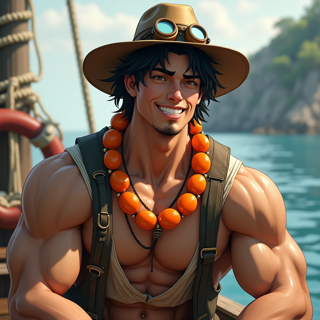 high resolution、Delicate depiction、8k、Realistic、(((Realistic)))、Young man、26 talents、Muscular、Upper body naked、Black Hair Semi-Long、Ten-gallon hat and goggles、Large round orange jade necklace、Bust Shot、On the boat、A confident smile