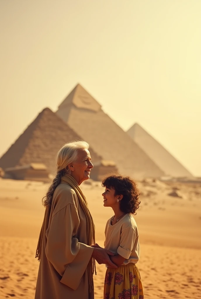 Girl with her grandmother in front of the pyramids