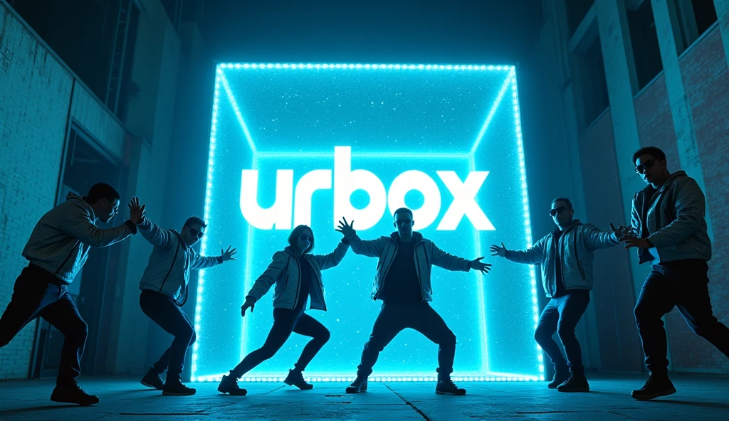 far-shot camera, a group of dancer are breakdance in front of a giant cube hologram logo with the words "UrBox" in the wide growded street, character touch the hologram, The hologram logo explodes and emits an all-encompassing blue light. Outfit: Silver jacket, wae glass, strong gestures. Setting: Small alley between cyberpunk buildings. Lighting: Dark colors, faint blue lights from billboards. Effects: LED strips on the device gradually glow. Special: The scene evokes a sense of suspense and anticipation.