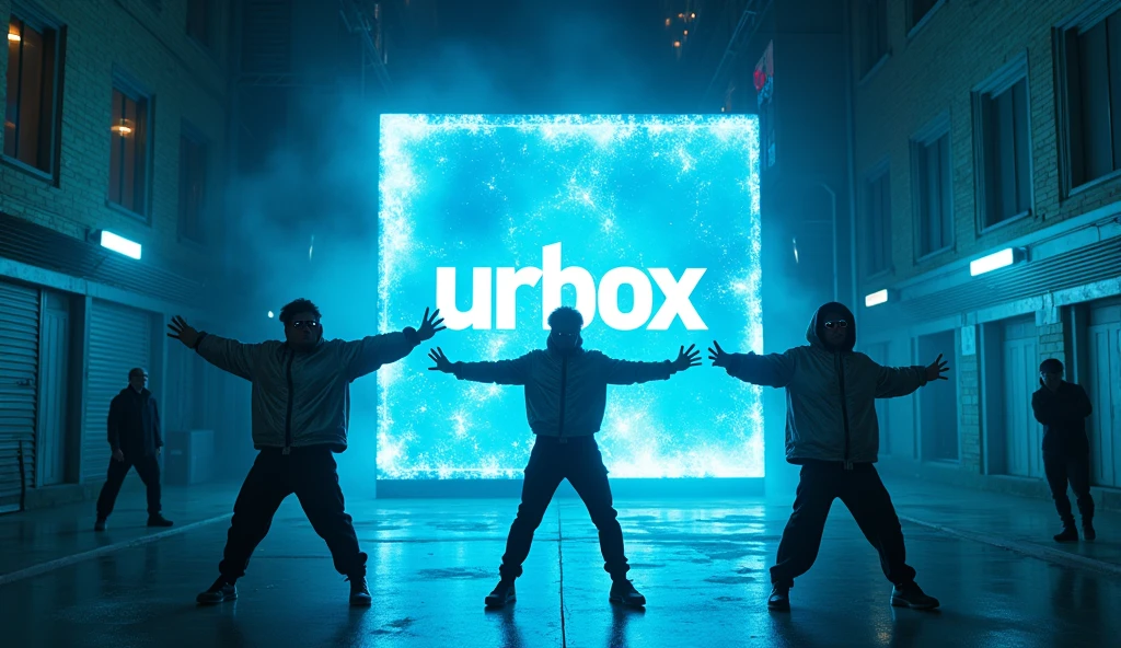 far-shot camera, a group of dancer are breakdance in front of a giant cube hologram logo with the words "UrBox" in the wide growded street, character touch the hologram, The hologram logo explodes and emits an all-encompassing blue light. Outfit: Silver jacket, wae glass, strong gestures. Setting: Small alley between cyberpunk buildings. Lighting: Dark colors, faint blue lights from billboards. Effects: LED strips on the device gradually glow. Special: The scene evokes a sense of suspense and anticipation.