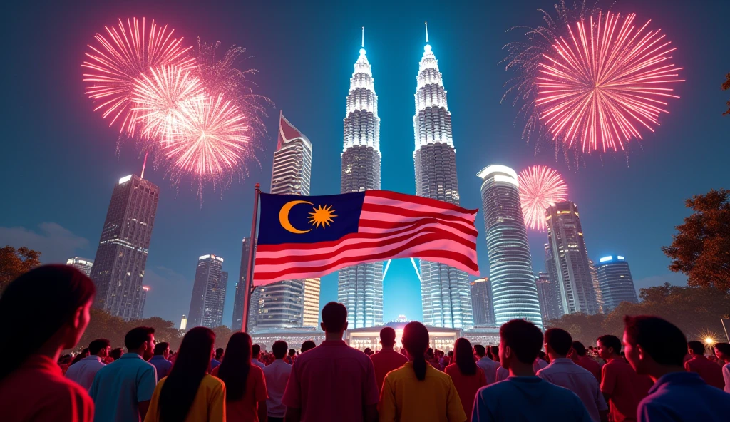 ((photorealism:1.2)), Malaysia Day, Citizens back, Focus Malaysia flag with big, Malaysia Petronas Twin tower, High-Quality image Generation, night view, fireworks, citizen's cloth different colors, happy, realistic