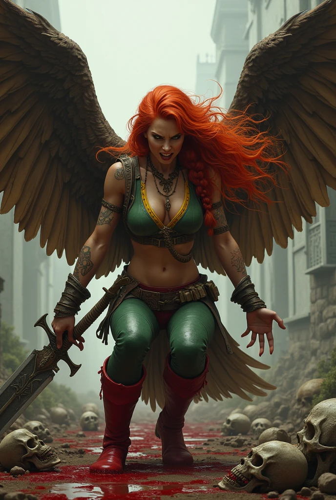 In extreme close-up a beautiful red-haired woman wearing a green leather top with yellow in the middle and cali green leggings with red shorts or thong over the leggings, red sheepskin boots, a giant wide-brimmed sword, huge brown falcon wings that cover her entire body, a brown harness on her chest, tattoos on one of her arms, a long braid blowing in the wind, on her knees, screaming, exhausted after a long battle, skulls and blood, a cursed cemetery