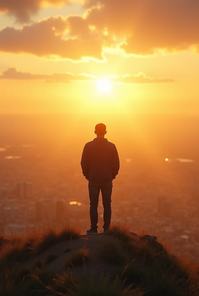 Scene 7: Achieving Financial Freedom:
Depict Robert, now financially independent, standing on a hill overlooking a prosperous city below. The sun is setting, casting a golden glow over the scene. Robert looks peaceful and content, with a sense of accomplishment and freedom. In the background, show faint images of his journey—starting a business, taking risks, and learning from Rich Dad