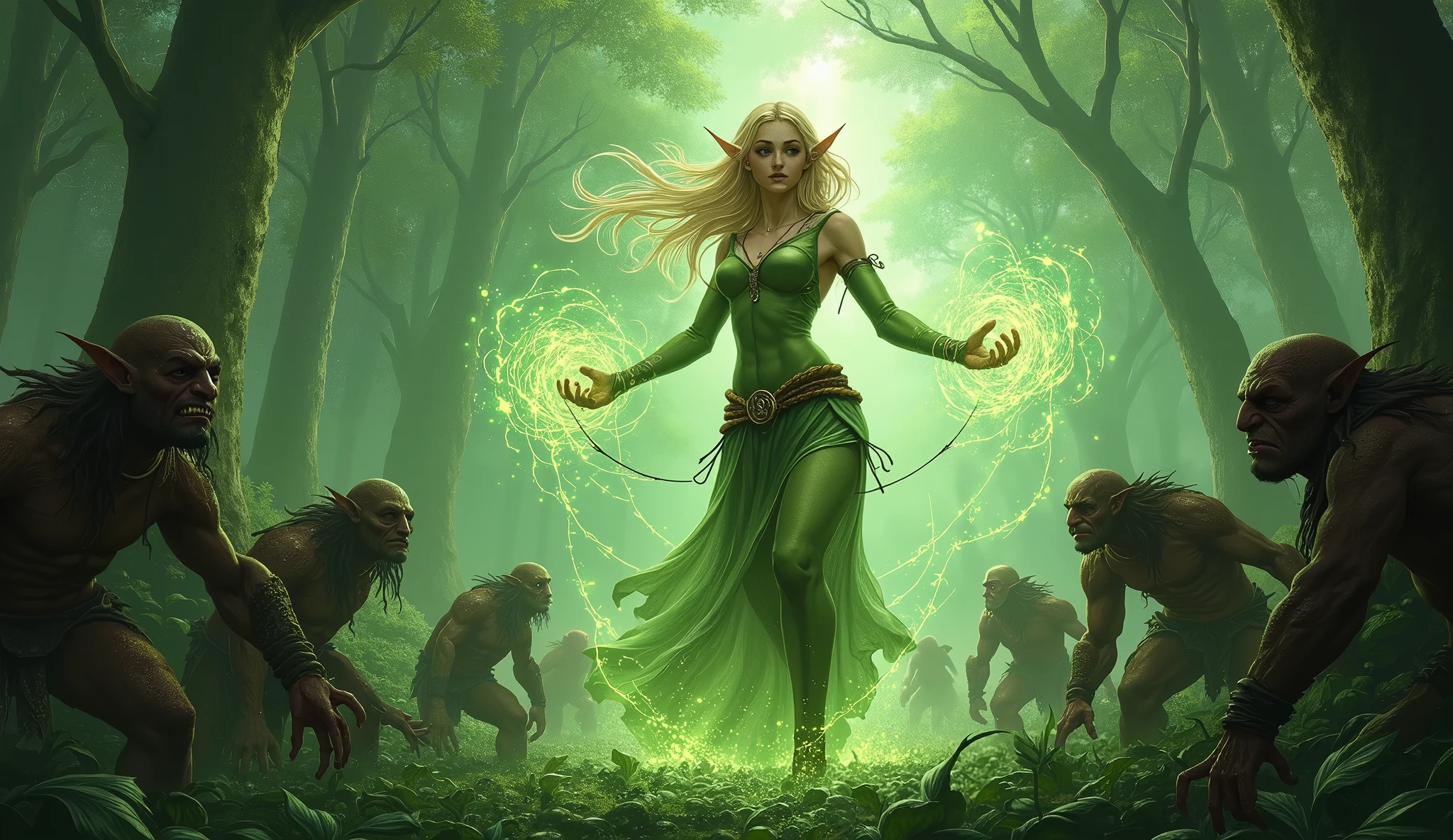 In the middle of the battle、Eris the elven druidess is in perfect harmony with the life force of the forest.、Unleash the true power hidden within you。Her magic is getting stronger、Become one with the surrounding nature and face off against the dark invaders。Ellis understood the importance of her mission.、Recognize that you are an essential part of protecting the forest。Her power spread throughout the forest、Giving hope and courage to my friends。Ellis is a blond elf woman. she is facing a horde of goblins. Goblins in the foreground,  lots of golblins, (the goblins are in front of Elis with their backs to the viewer.)