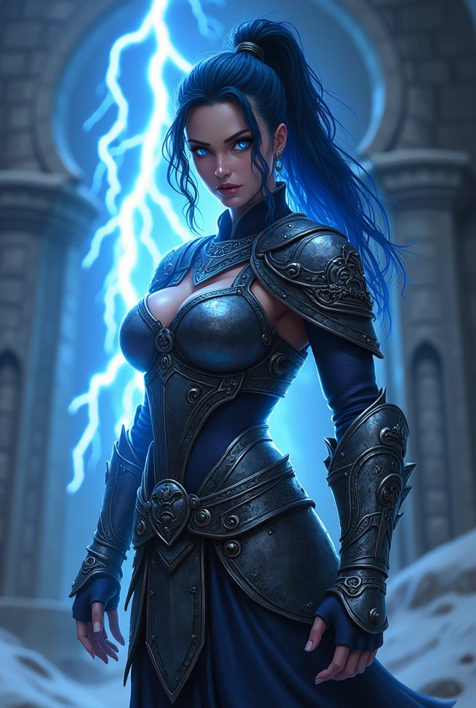 Aletta Ocean, angry evil beautiful and muscular, Nordic female, towering storm Giantess with blue black hair in a ponytail, older and mature woman, throwing a lightning ball, celtic glowing tattoos, wearing nordic steel runic plate mail Armour , temple cave background with lightning storm, glowing blue eyes, square jaw, powerful and imposing, winter clothing, pale blue purple skin, ((full plate celtic dragon armour)), nordic tattoos, fit bodybuilder, facing the camera , ultra detailed, looking outraged
