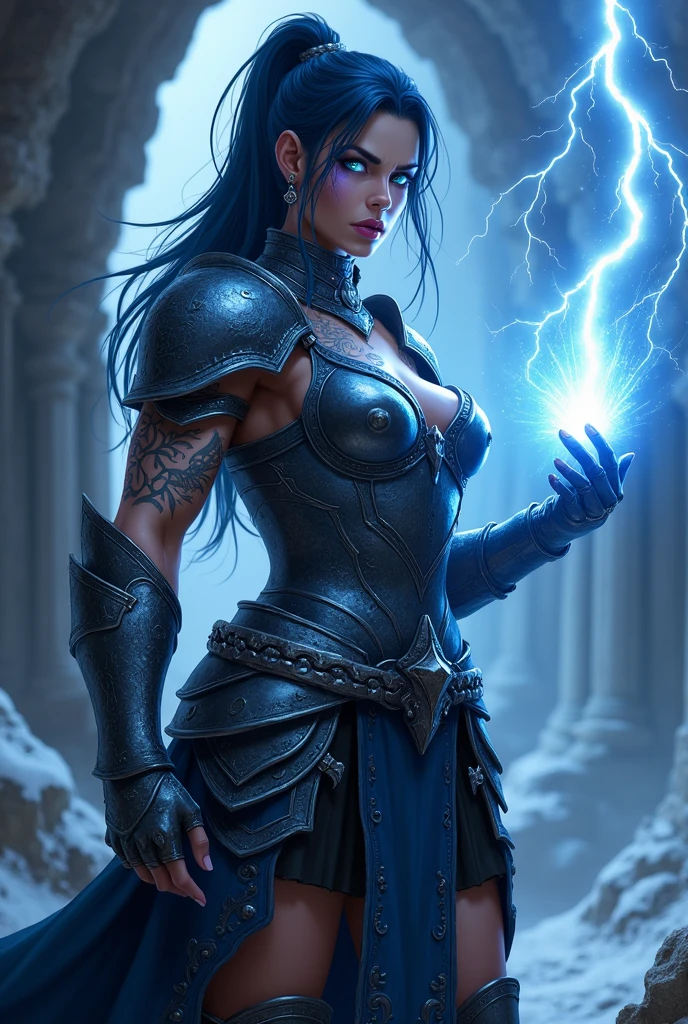 Aletta Ocean, angry evil beautiful and muscular, Nordic female, towering storm Giantess with blue black hair in a ponytail, older and mature woman, throwing a lightning ball, celtic glowing tattoos, wearing nordic steel runic plate mail Armour , temple cave background with lightning storm, glowing blue eyes, square jaw, powerful and imposing, winter clothing, pale blue purple skin, ((full plate celtic dragon armour)), nordic tattoos, fit bodybuilder, facing the camera , ultra detailed, looking outraged