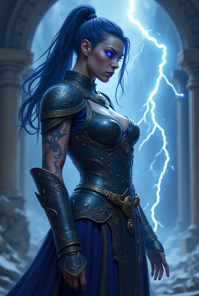 Aletta Ocean, angry evil beautiful and muscular, Nordic female, towering storm Giantess with blue black hair in a ponytail, older and mature woman, throwing a lightning ball, celtic glowing tattoos, wearing nordic steel runic plate mail Armour , temple cave background with lightning storm, glowing blue eyes, square jaw, powerful and imposing, winter clothing, pale blue purple skin, ((full plate celtic dragon armour)), nordic tattoos, fit bodybuilder, facing the camera , ultra detailed, looking outraged