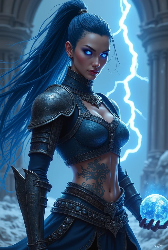 Aletta Ocean, angry evil beautiful and muscular, Nordic female, towering storm Giantess with blue black hair in a ponytail, older and mature woman, throwing a lightning ball, celtic glowing tattoos, wearing nordic steel runic plate mail Armour , temple cave background with lightning storm, glowing blue eyes, square jaw, powerful and imposing, winter clothing, pale blue purple skin, ((full plate celtic dragon armour)), nordic tattoos, fit bodybuilder, facing the camera , ultra detailed, looking outraged