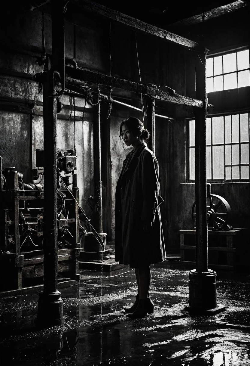 Misaki Sato, a genius botanist; a beautiful girl tied hand and foot to a steel pole in the center, unable to move; a determined, dirty face; a white coat; sweat beading on the forehead; the warehouse; a high ceiling with bare beams; dusty light coming through the window; spotlights from hanging bulbs; old machines and wooden boxes casting ominous shadows; the tense atmosphere; The sound of water droplets in the distance, rats running around the corner, the tense atmosphere, the contrasting noir lighting. Old machinery and crates casting ominous shadows, rats running around a corner, tense atmosphere, contrasting noir lighting, hard textures, stills from thriller film, ultra fine detail, 8K --AR 16:9 --Stylize 1000