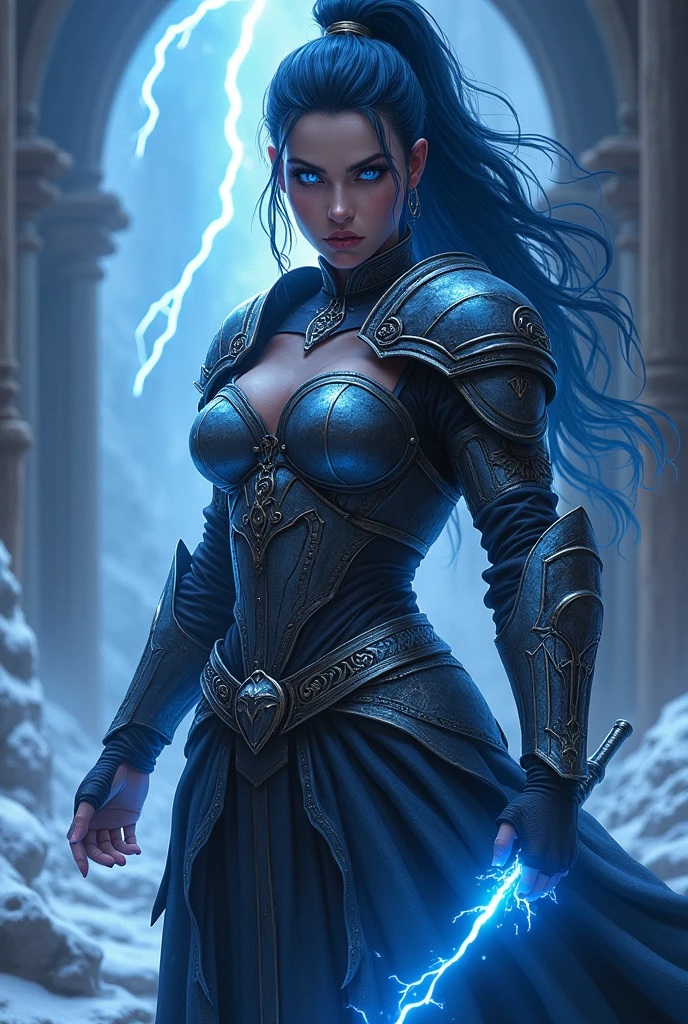 Aletta Ocean, angry evil beautiful and muscular, Nordic female, towering storm Giantess with blue black hair in a ponytail, older and mature woman, throwing a lightning ball, celtic glowing tattoos, wearing nordic steel runic plate mail Armour , temple cave background with lightning storm, glowing blue eyes, square jaw, powerful and imposing, winter clothing, pale blue purple skin, ((full plate celtic dragon armour)), nordic tattoos, fit bodybuilder, facing the camera , ultra detailed, looking outraged