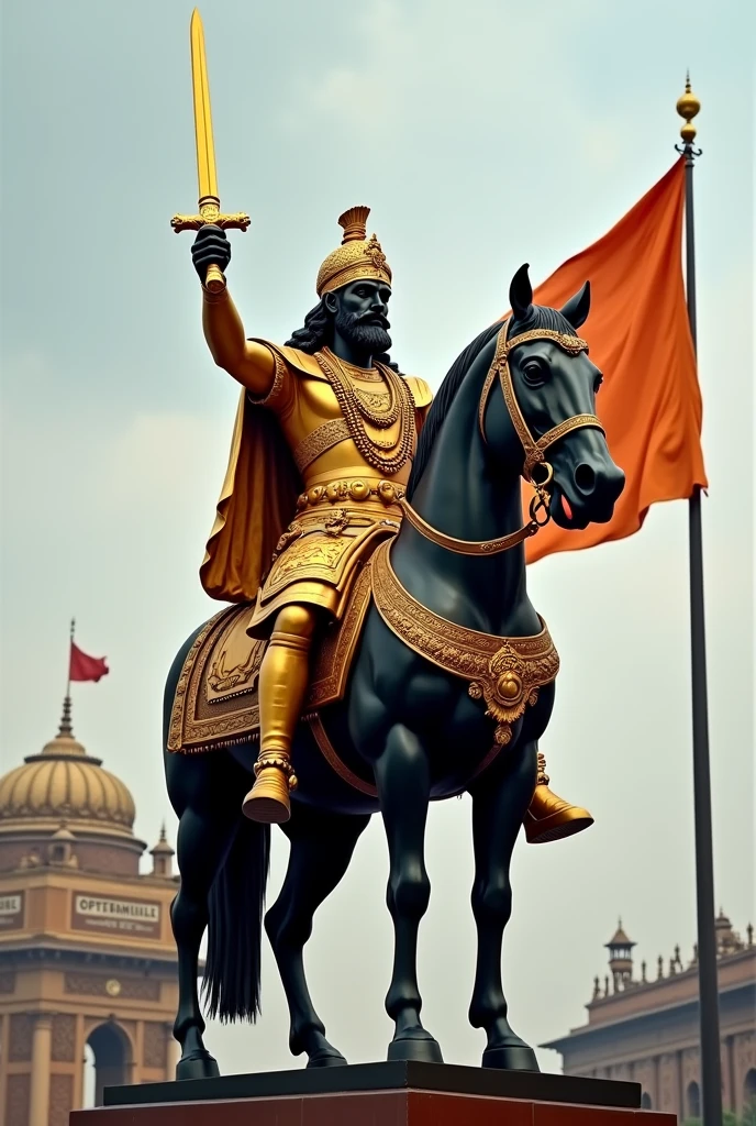 Is there a statue of Chhatrapati Shivaji Maharaj sitting on a black horse in the square and behind that statue is a flag of Lord Shivaji Maharaj is holding a sword The color of the statue is golden and the color of the horse is black