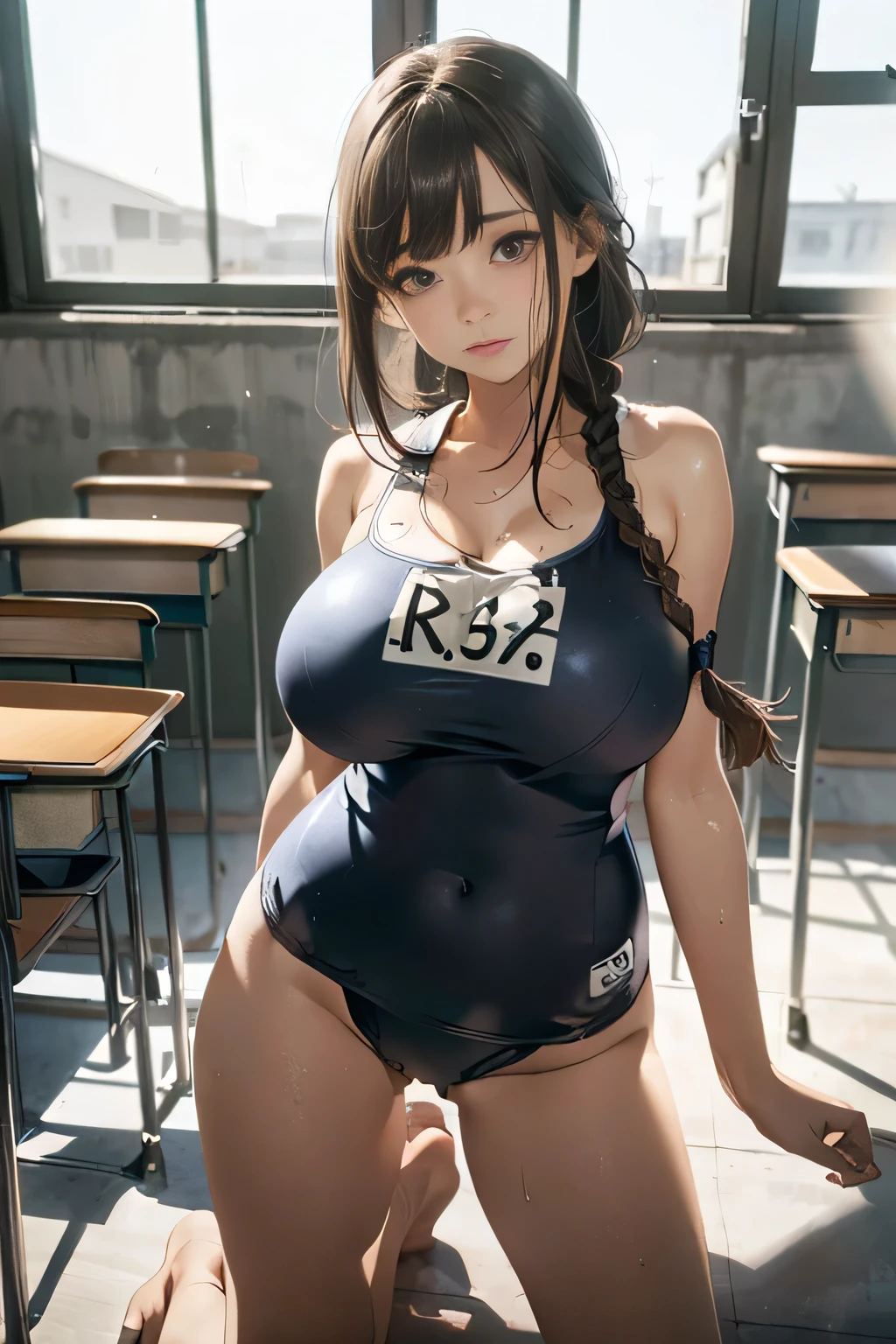 Browsing Caution,Highest quality、In 8K、masterpiece、Ultra-high resolution、RAW Photos、(Realistic:1.3)、Natural soft light、(Written boundary depth)、thin、(whole body:1.2)、From behind、Detailed face and eyes、Realistic、Inside the warehouse、(Dynamic action poses)、Beautiful Face、Drooping eyes,Beautiful girls、Glowing Skin、(Braiding:1.2)、Beautiful black hair、Red Eye、(blush:0.7)、Embarrassed face、Sweat、(School Swimsuit:1.8)、(Thighs Thighs Thighs Thighs:0.8),(Huge breasts:1.5)、(Big Ass:1.3)、Erect nipples:1.4、Small Nose、Small Nose、((vagina、Sex:1.5、Capable person))、(Take off your swimsuit:1.5),View from the knee up,