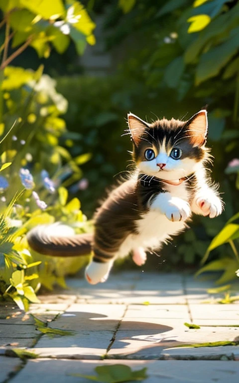 The figure of a kitten jumping around with innocence、Depicts a lovely and soothing scene