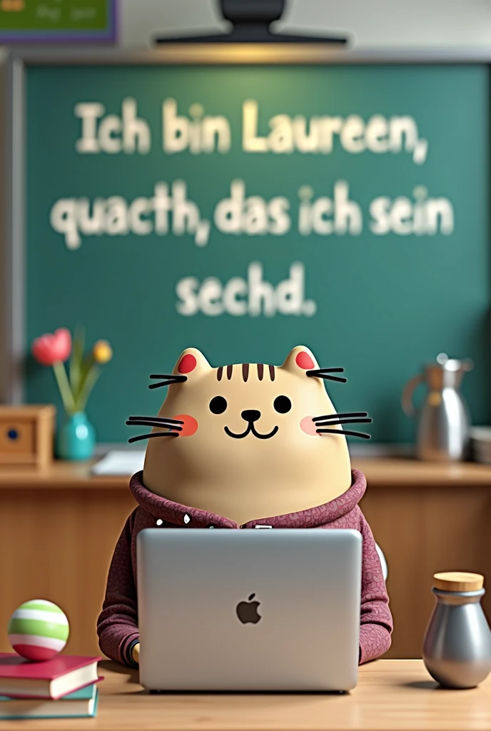 Create an image of a young female teacher  represented as the character Pusheen in a B2 German language class. The teacher is seated at a desk that has a silver MacBook, a few books, and a medium-sized colorful ball and tall steal flashe watter mit holz head. Behind her is a large electronic smartboard displaying the text '. Ich bin Laureen, genau das, was ich sein sollte  The classroom should have a modern and vibrant look