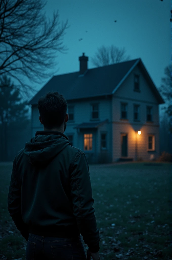 I want a cover where there is a man with his back turned looking at a house from a distance., It is nighttime and everything has an air of mystery. The house has cameras pointing directly at the man and in one of the windows on the second level of the house you can see a light on. It is the only one on since the house is in darkness. (It's very dark) Next to that house is another house