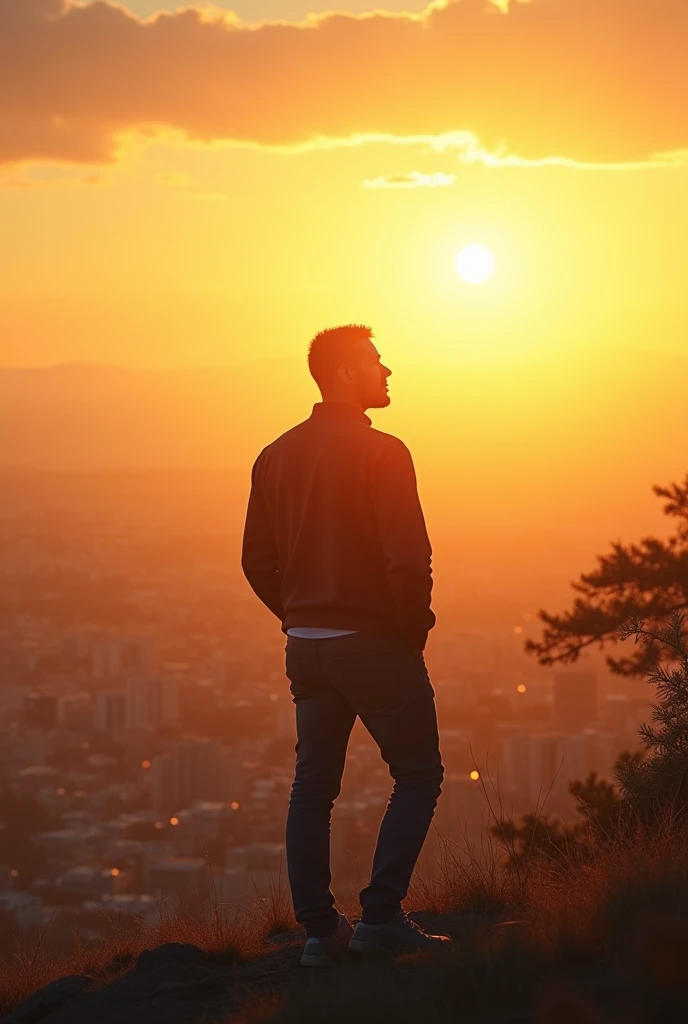 Scene 7: Achieving Financial Freedom:
Depict Robert, now financially independent, standing on a hill overlooking a prosperous city below. The sun is setting, casting a golden glow over the scene. Robert looks peaceful and content, with a sense of accomplishment and freedom. In the background, show faint images of his journey—starting a business, taking risks, and learning from Rich Dad
