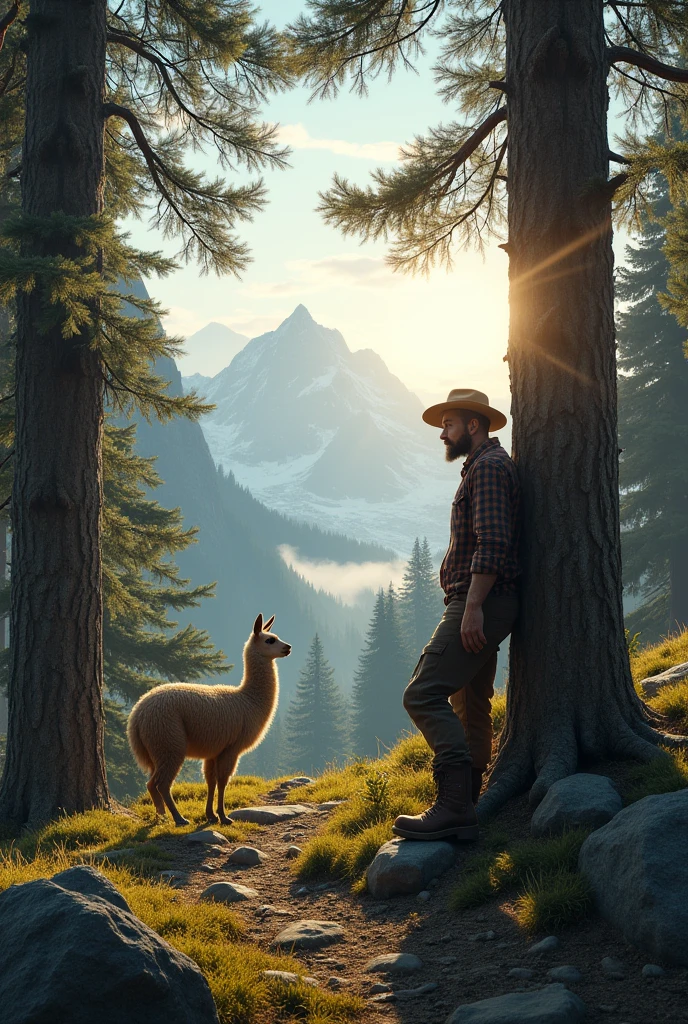 A lumberjack watching a vicuña