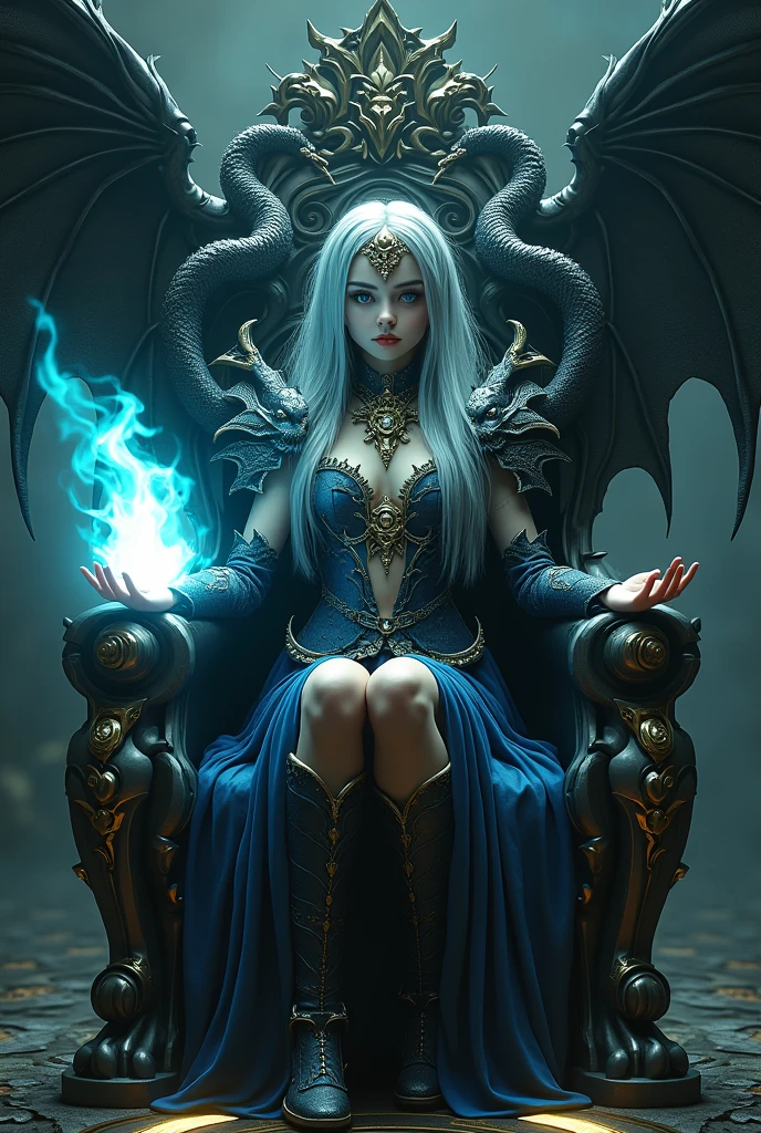 Surreal Very detailed Ultra Fantasy Ultimate Details Ultra-high resolution 8K 32k 3D Clear Eyes Silver Hair Sit on a chair skull A large, pale blue flame of mystical energy is released into both hands. Assassin Dragons on both shoulders mechanical engineering Mechanic Art . intricate and elaborate design, money, gold Silver Silver Red Black-purple Dynamic pose Cinema Lighting Demonic Spell Aura Sit on a chair Magic circle design A large, luxurious amulet made of gold Vivid Color Girl A gorgeous, mysterious and cool tiara The ultimate mysterious design Satanism Demonic Armor Mysterious Chair Gorgeous demonic armor with a rough texture Girl