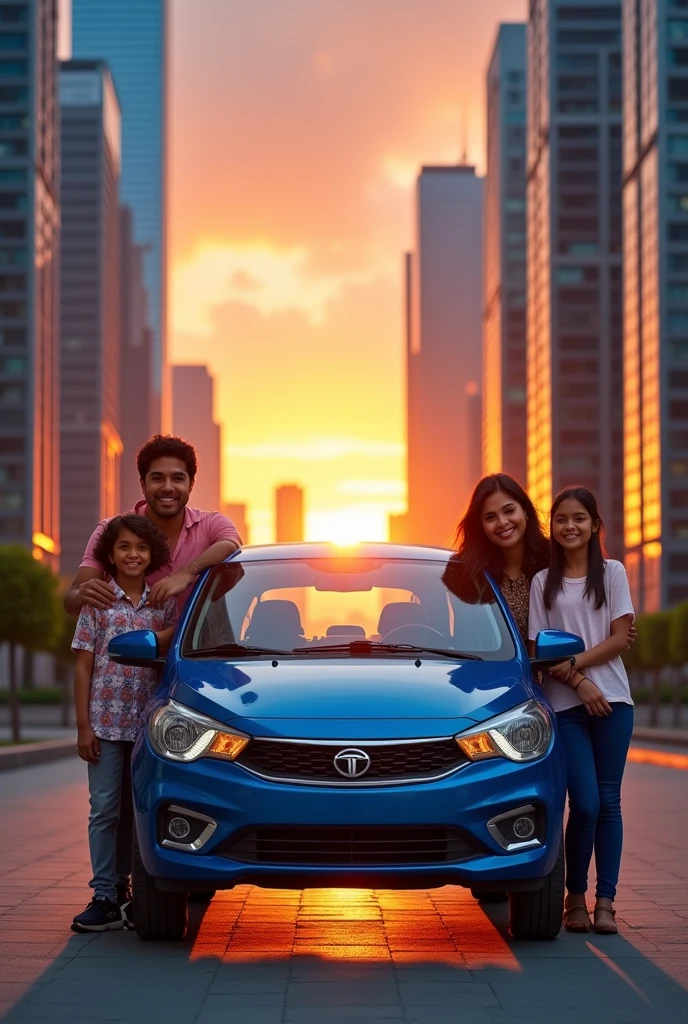 A family of 5 members mother , father ,5 years big son, 3 years son and 1 year daughter standing infront of Tata Tiago Blue Colour Car near skyskapers in sunset