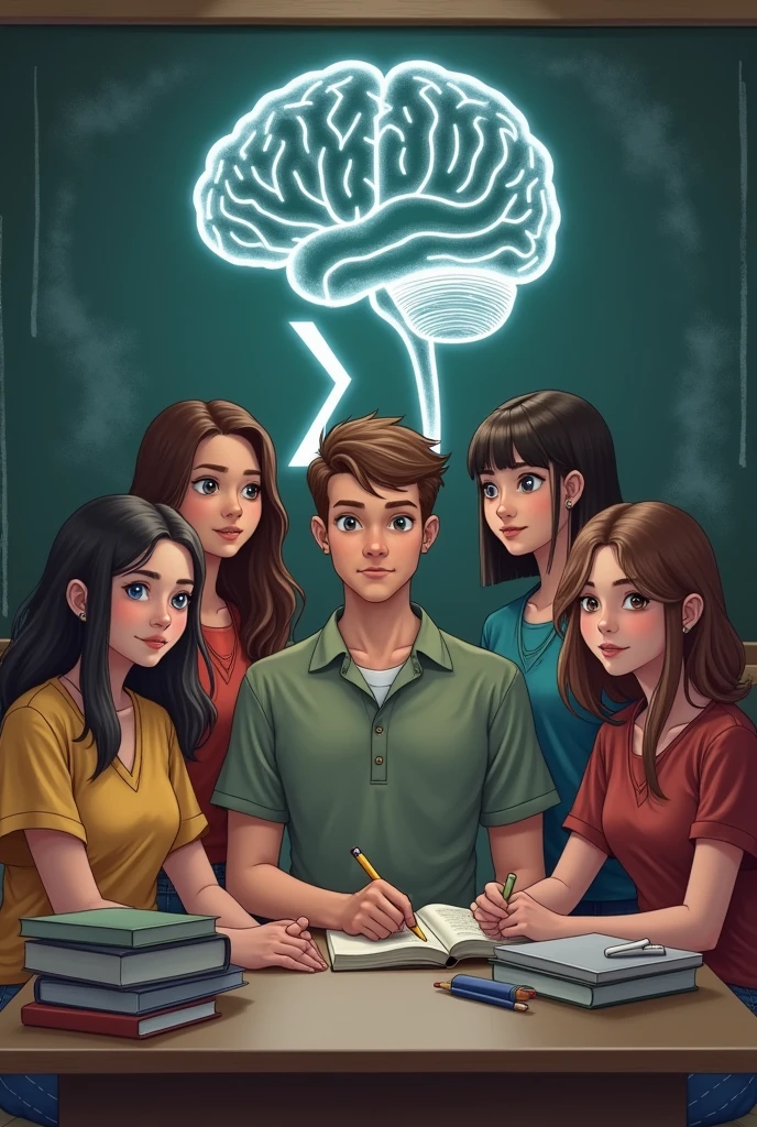 A group of students with 4 girls along with 1 , placing the symbol of psychology behind them!