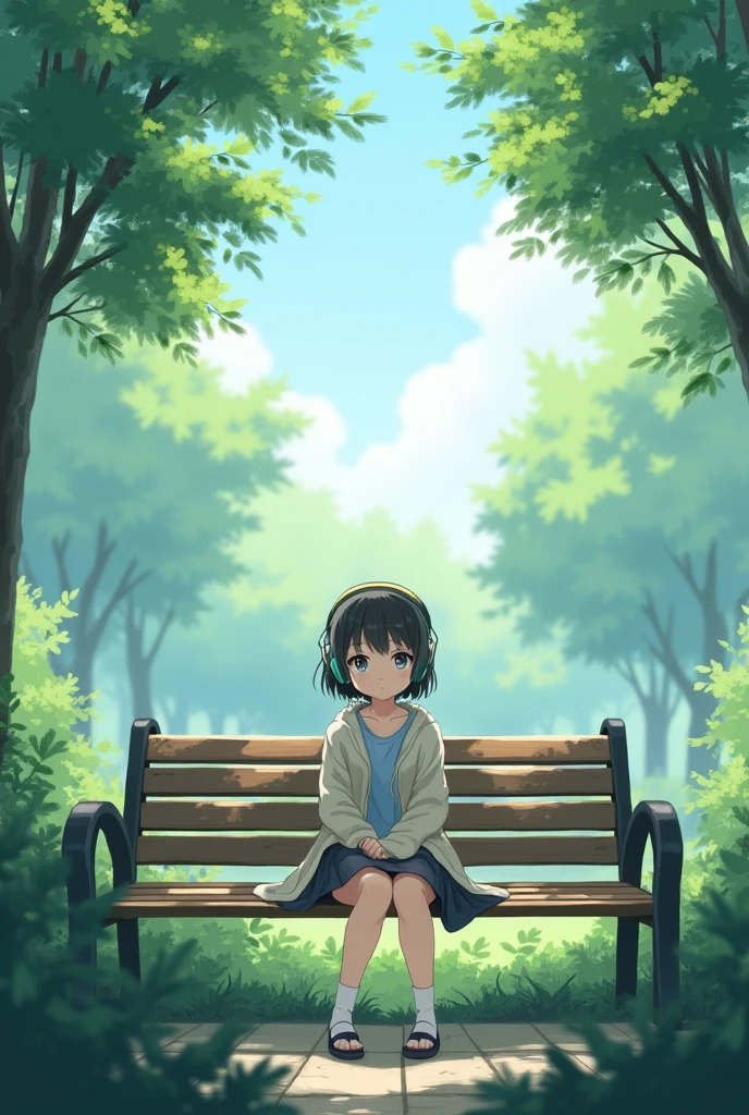 anime girl park bench with headphones