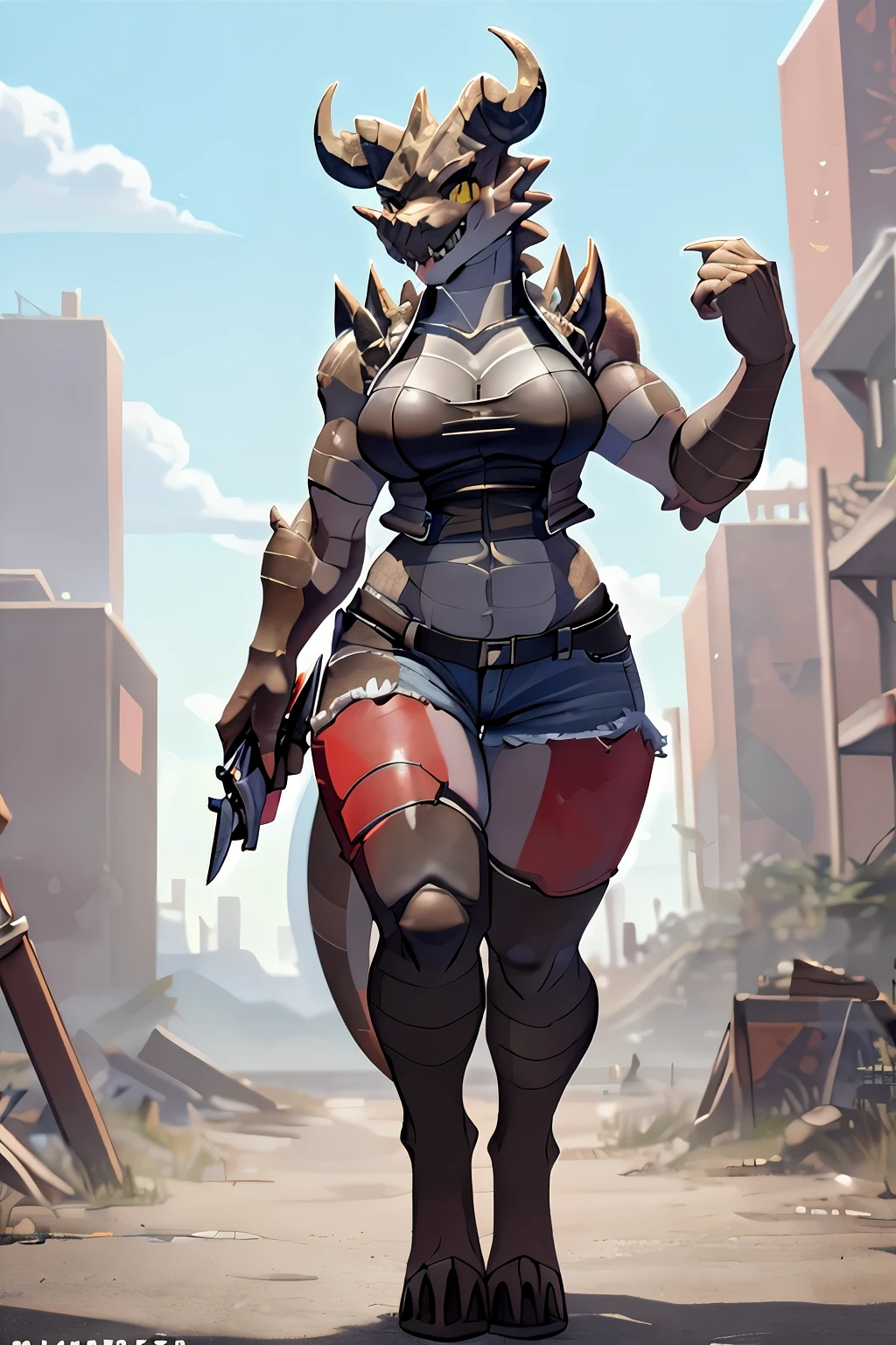 ((4k)), (best body), (sexy women), Solo, score_9,score_8_up,score_7_up, kemono style, Anthro deathclaw from fallout, Anthro reptile girl, snout, green scaled skin, gold eyes, black lips, black horns, black ram horns, athletic body, smiling, walking in a ruined city, holding a rusty gun, wearing bodyarmor, bulletproof vest, blue jean shorts and a blue tank top, sfw, intimidating woman, monstergirl, commission for high res, female dragonborn, well designed female dragon head, anthro lizard, female fursona,  (diamond pupils), (large eyes) 