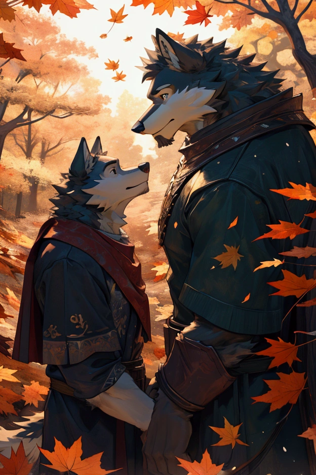 ((Autumn leaves:1.3)), Through the autumn woods, ((from above:1.2)), Looking at the top, Autumn Leaves, Tranquil atmosphere, Sunlight shines through the trees, Cascading Leaves, Rustling leaves, Orange and gold layering, Tall swaying trees, Sunshine Path, Fall Color Palette, Peaceful atmosphere,Natural Immersion, Moss covered ground, anthropology((dramatic))epic, Dynamic poses, A scene from a movie, Extreme perspective with strong composition, absurd, Perfect anatomical structure, Magnificent scenes of fierce orc battles, (ultra deTailed), Clear focus, personal, Eye contact, Black eyes, hairy, light white fur, Brown fur, White beard, anthropology (Wolf), male, middle aged, Gray body, White belly, Tail, muscular, Knight clothing, Cherry red long cape, ultra deTailed face, Depth of Field, Motion Blur, high deTails, high quality, The award-winning, HD, 16K, (best quality,4K,8K,high resolution,masterpiece:1.2),ultra-deTailed,Practical:1.37,HDR,UHD,Studio Lighting,extreme deTail description,professional,Bright colors,Bokeh,Active atmosphere, Natural Lighting, (close up:1.2)