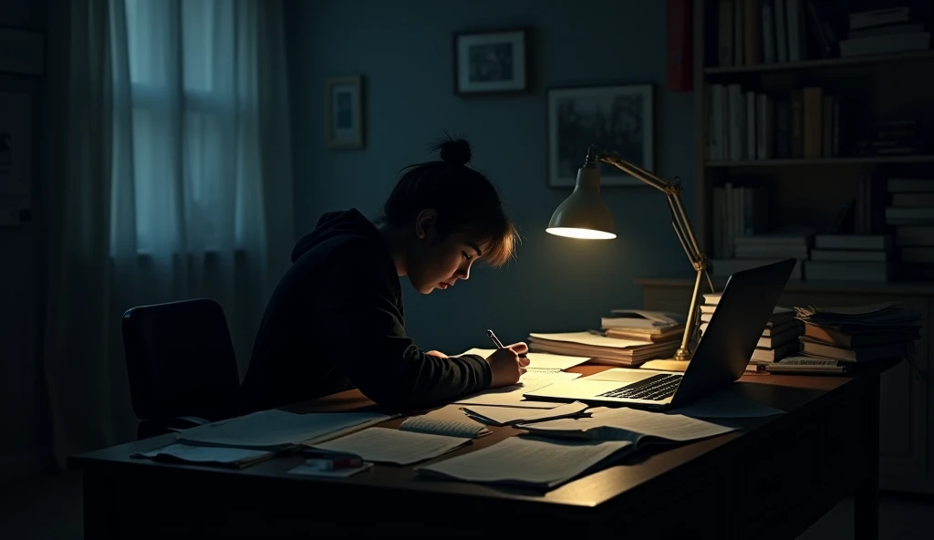 "A dimly lit room at night, a person is sitting at a cluttered desk with papers, books, and a laptop. The room is silent, and the only light comes from a desk lamp casting shadows. The person, focused and determined, writes furiously in a notebook, the sound of pen on paper is the only noise in the room."