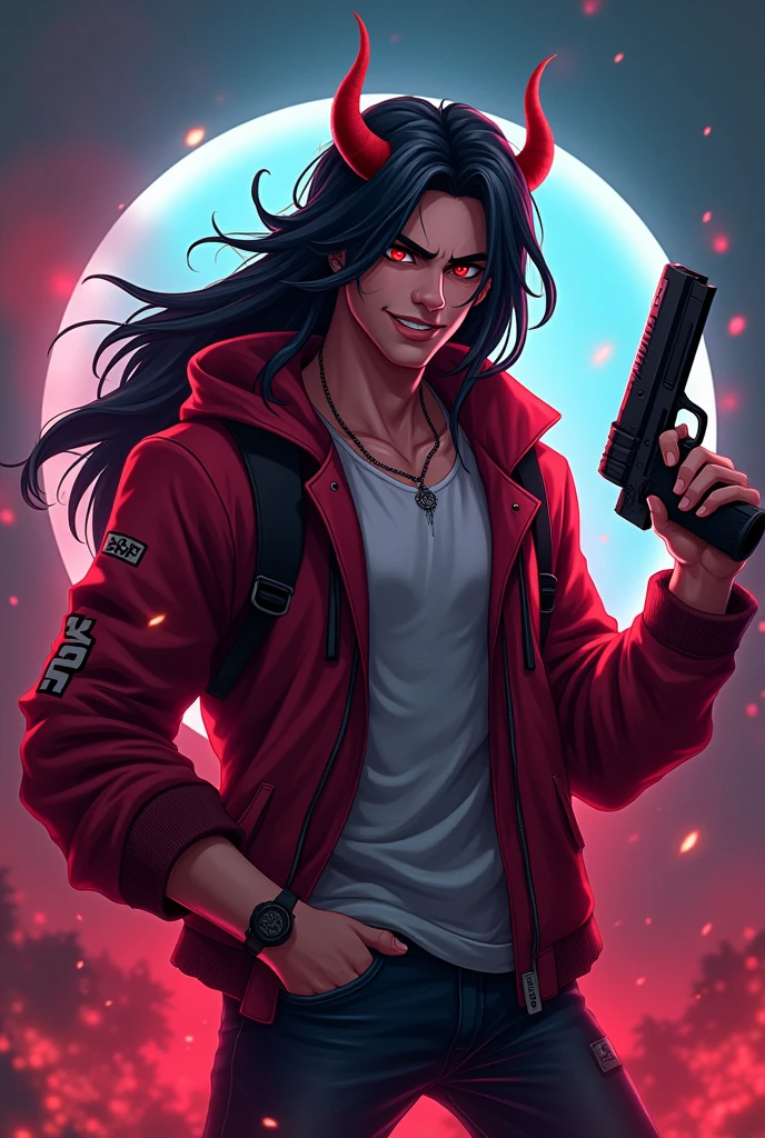One gaming logo gamer handsome with long hair plus makey Kun shot plus attitude smile boys plus hand me gun
Devil smile