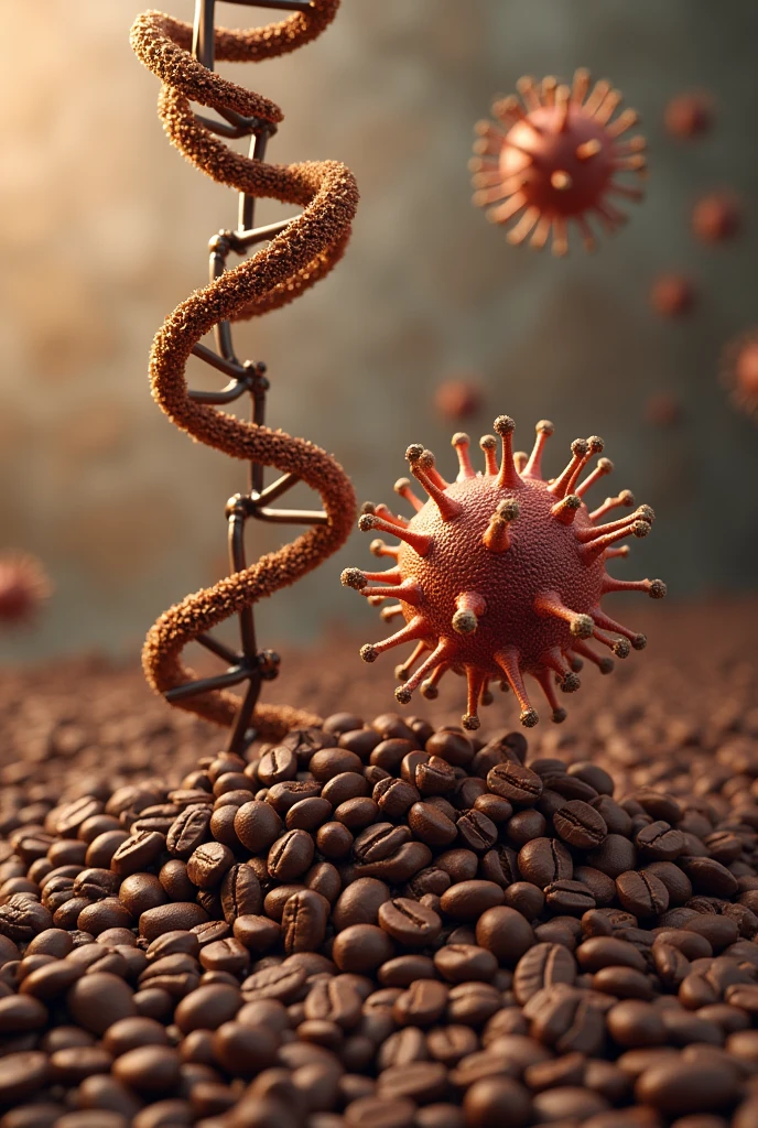 A drawing of a floor of coffee beans with a DNA molecule, the caffeine molecule and the bacteriophage virus