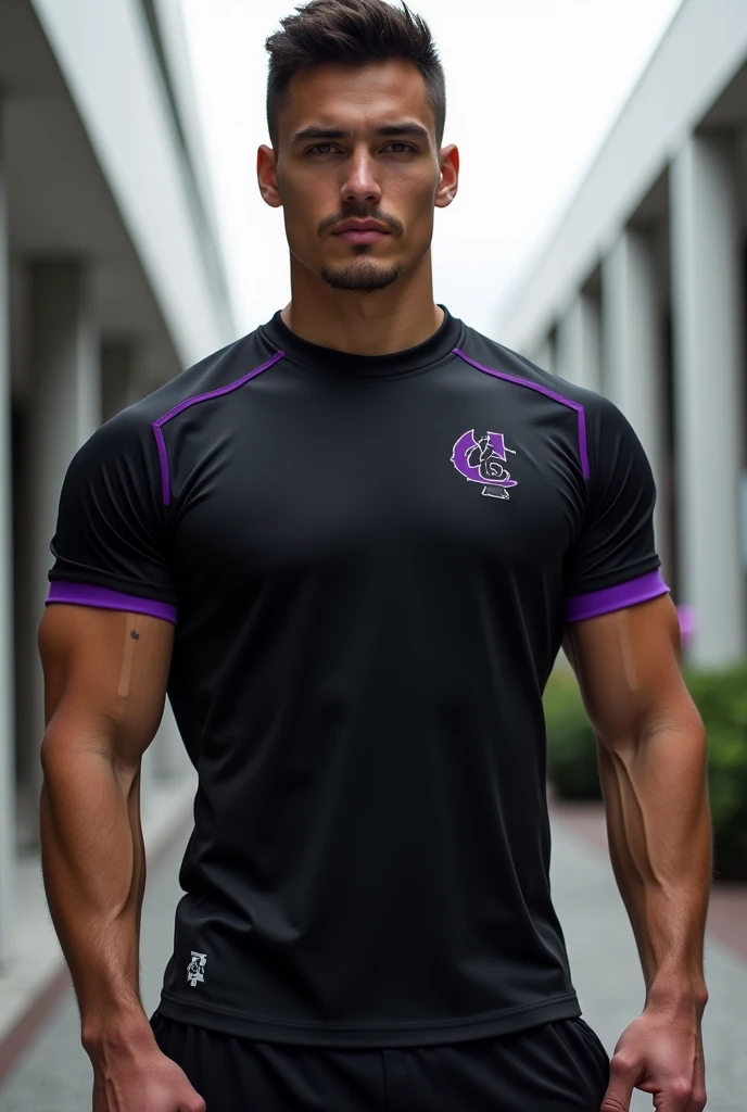 make a college athlete shirt in black with purple accents