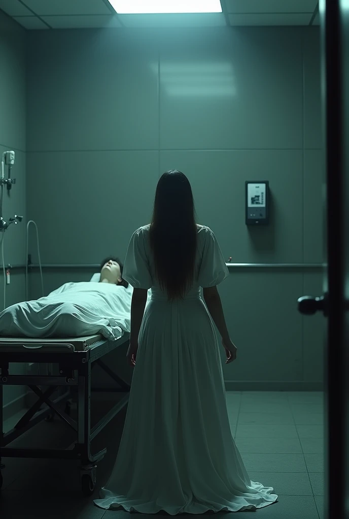 In a morgue,a woman dressed in white sits next to the  with her back to the camera,scary atmosphere