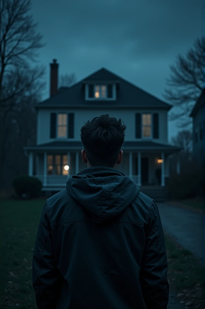 I want a cover where there is a man with his back turned looking at a house from a distance., It is nighttime and everything has an air of mystery. The house has cameras pointing directly at the man and in one of the windows on the second level of the house you can see a light on. It is the only one on since the house is in darkness. (It's very dark) Next to that house is another house since it is a neighborhood