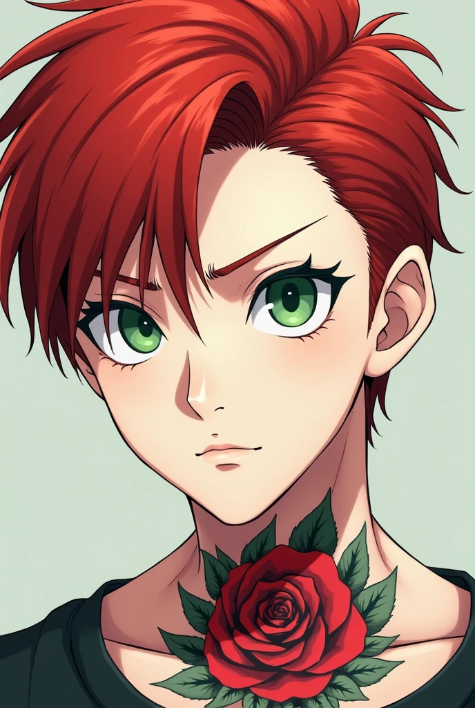 Red-haired, green-eyed boy with a mole under his left eye, white skin with a tattoo of a rose on his neck quite masculine anime