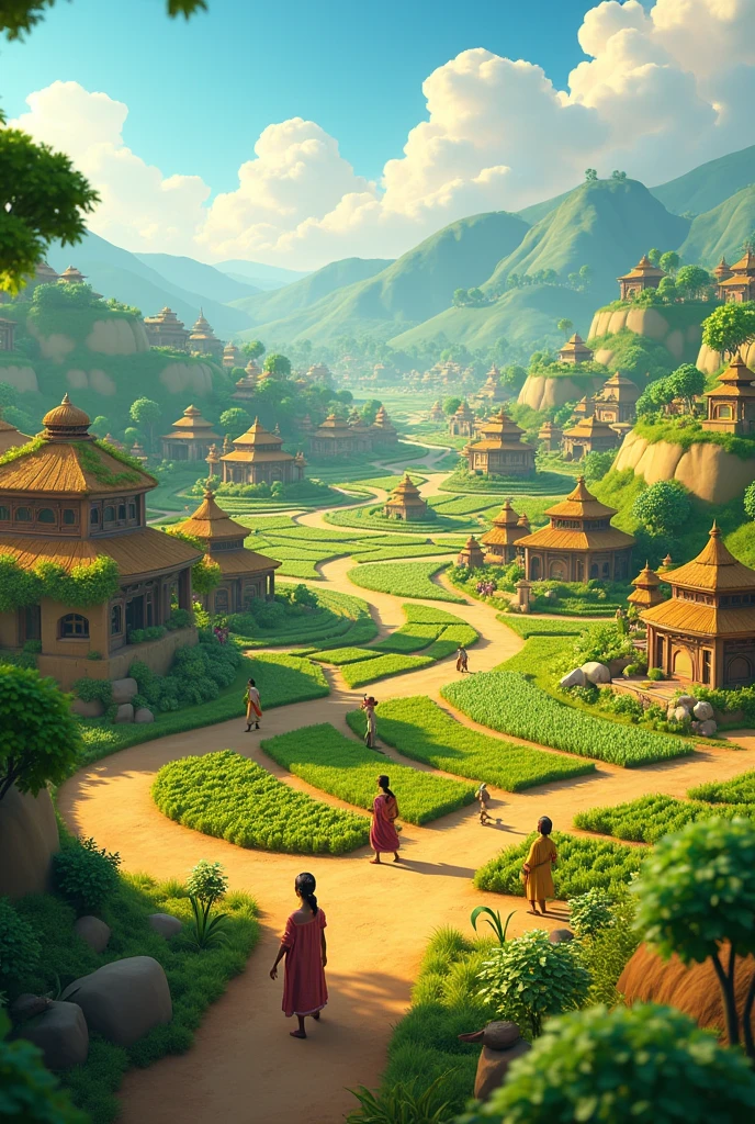 In 3d animation style"A wider shot of Ramū’s village, showing other farmers adopting the same techniques, leading to thriving fields. The entire village is now greener, and the atmosphere is one of prosperity and happiness"