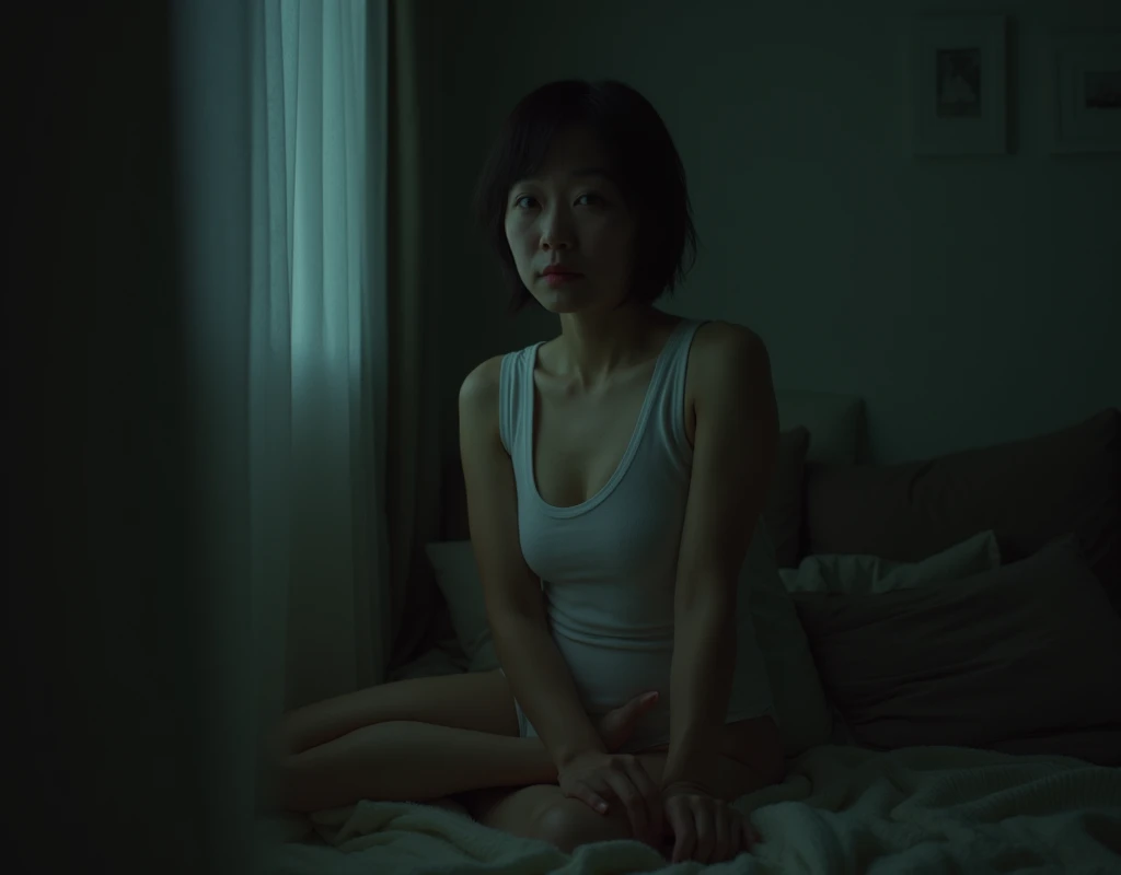 japanese mature woman、 analog film photo, (Create a realistic and photorealistic photo image)、whole body、panties, Dark room、The light only hits your face、blur, tint, depth
