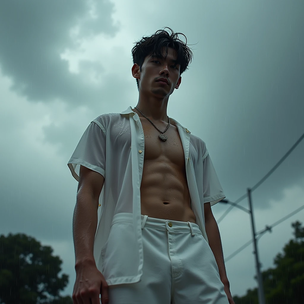 Behold a fashion editorial photo shoot featuring a photogenic and charming mixed Japanese 1 male supermodel, natural pale skin tone with a fit and slander body stands confidently under a rain, The camera angle is a dramatic low-angle shot, looking up at the model from below, creating a sense of power and dominance in the composition. The model ((wears white sheer t shirt and pants with thick bulge)), which emphasizes his athletic physique, particularly his toned legs and strong posture. His stance is wide and firm, with one arm slightly extended forward, creating a dynamic perspective that draws the viewer's eye upward along his body to his face. The environment is during a sudden downpour, with dark, heavy clouds looming overhead. The once bright sky is now filled with layers of gray, adding a dramatic contrast to the model’s olive skin. The lighting is diffused, with soft, even shadows, and the wet sheen on the model's body enhances the definition of his body. The rain is visible as small droplets, some clinging to the model’s skin and others caught mid-fall, adding texture and a sense of movement to the image.
The environment is an raining and scattered clouds, contributing to the image's vibrant and energetic atmosphere. The sunlight is intense, casting strong, natural light on the model's body, which accentuates his body definition and adds depth to the image. adds a sense of realism and enhances the rainy feel of the scene.
The photograph is taken with a Canon EOS R5 camera paired with a Canon RF 16mm F2.8 STM lens. The wide-angle lens is perfect for capturing the model's full body while emphasizing the expansive sky above. The inspiration for this shot draws from the work of Bruce Weber, known for his bold, dynamic compositions and ability to capture the strength and beauty of the human form, soak clothes, wet hair and body:1.37,